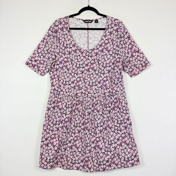 Lands' End Pink Floral Knit Short Sleeve Fit Flare Dress Womens Sz Large‎ 14 16 - Picture 1 of 7